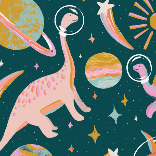 Close up featuring Iris + Sea Space Dinos- Dark Multi a dinosaur pattern