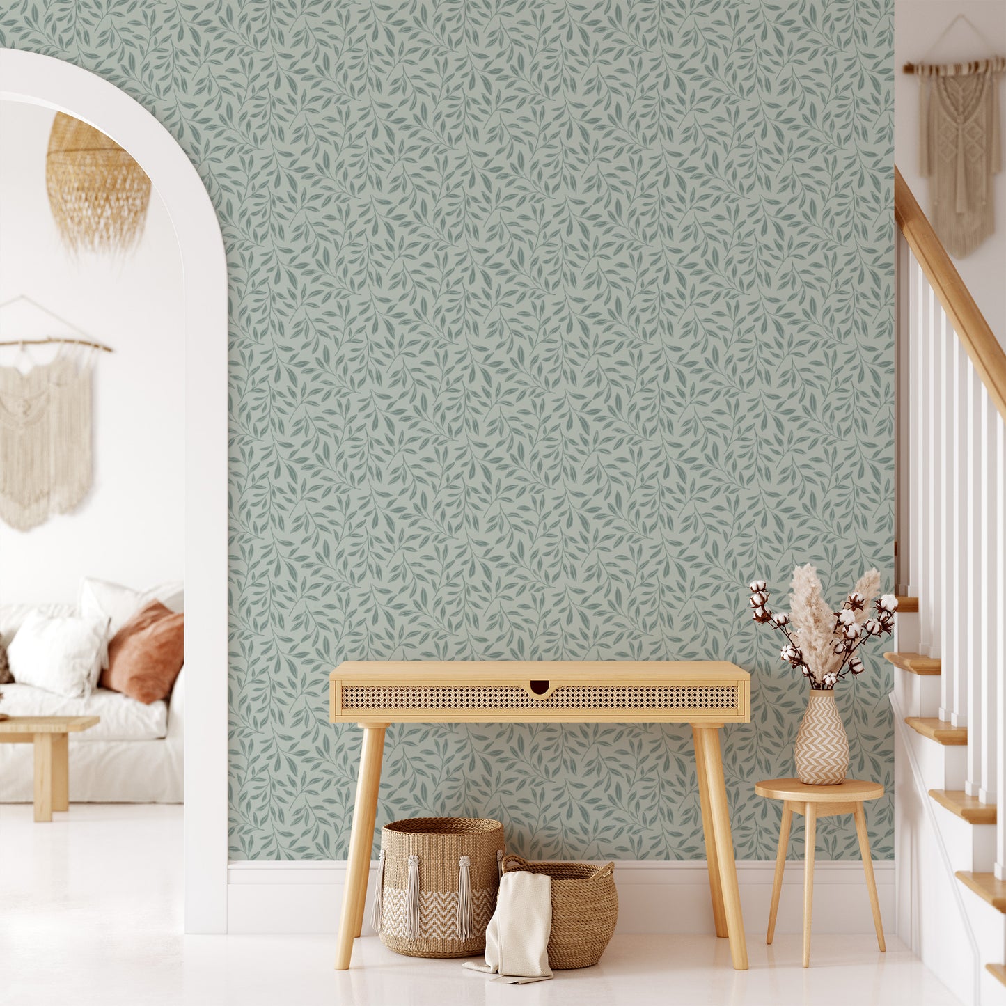 Bedroom featuring Cayla Naylor Willow-Sage Peel and Stick Wallpaper - a classic pattern