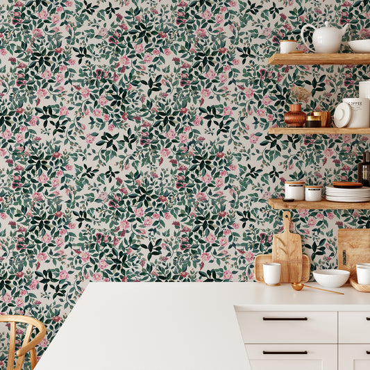 Kitchen featuring Jackie O'Bosky's Camiella Peel and Stick Wallpaper - a floral pattern